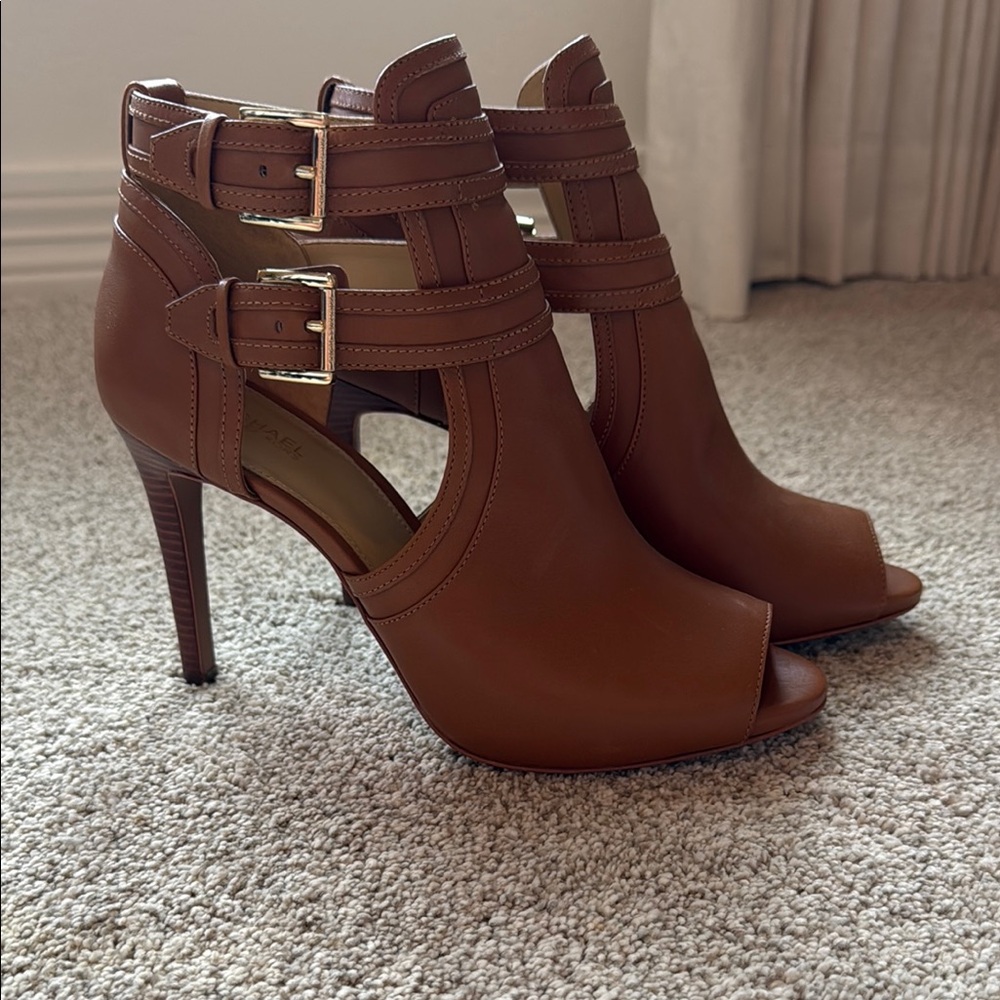 Michael Kors Brown Leather Strappy Peep-Toe Heels